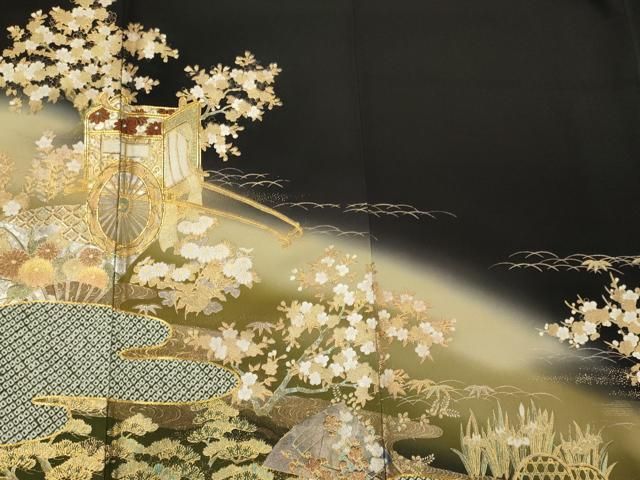 新品正絹黒留袖　駒刺繍　風景花文　金彩　⑤( 訪問着、紬、袋帯なども出品) 正絹黒留袖 駒刺繍 御所車雪輪飛鶴草花文 ⑦( 訪問着、紬、袋帯