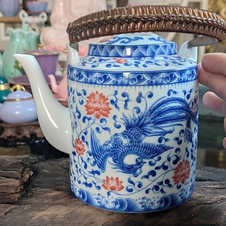 中国美術 青花龍鳳大提梁壺