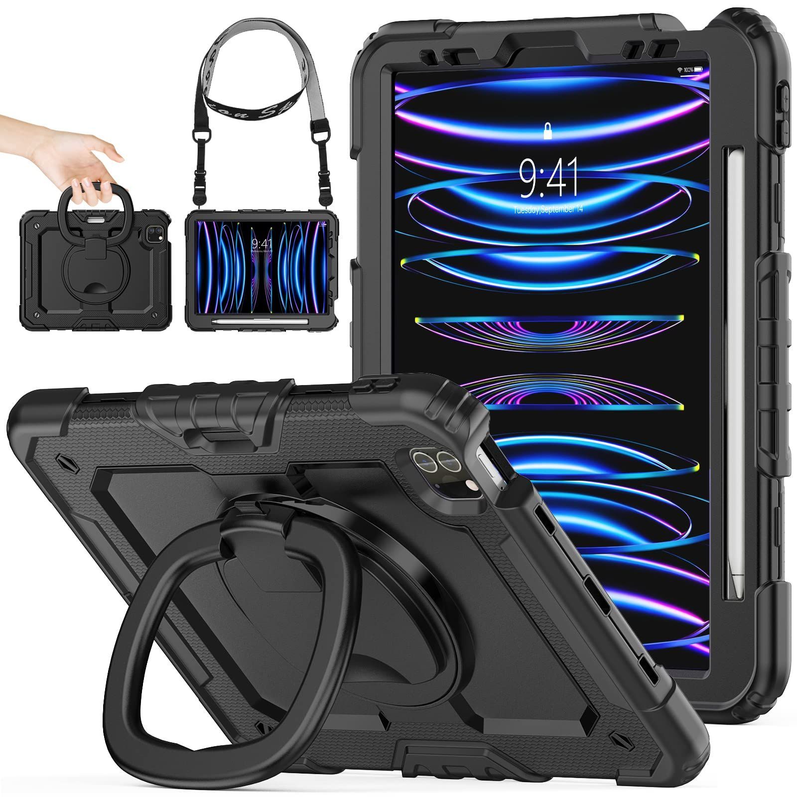 【在庫セール】Pro 第4/3/2/1世代専用型 11インチiPad リングハンドル耐衝撃ケース pro ペン収納 iPad ショルダーストラップ stock 保護フィルム付きフレーム（ブラック） SEYMAC