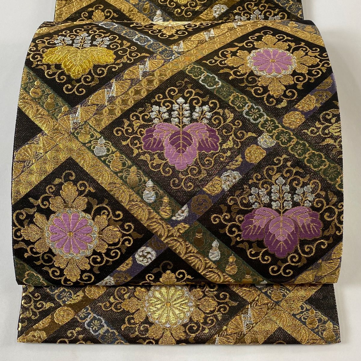 美品 松 藤の花 紫 金 銀 菊 正絹 袋帯 二重太鼓 作り帯　軽装帯 美品 松 藤の花 紫 金 銀 菊 正絹 袋帯 二重太鼓 作り帯 軽装帯
