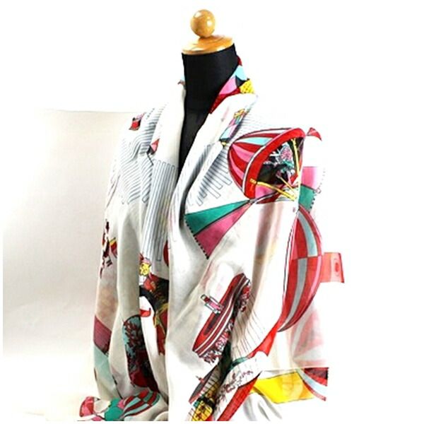 エルメス コットン 大判ストール ホワイト レッド 気球 中古 Aランク