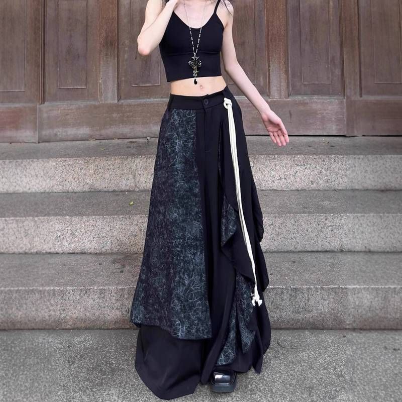 アシンメトリー 袴パンツ メンズ 和風 モノクロ 巻きスカート ワイドパンツ 九分丈 ウエストゴム アシメ ガウチョ モード系 クロップドパンツ オールブラック スカンツ モノトーン 黒 シン