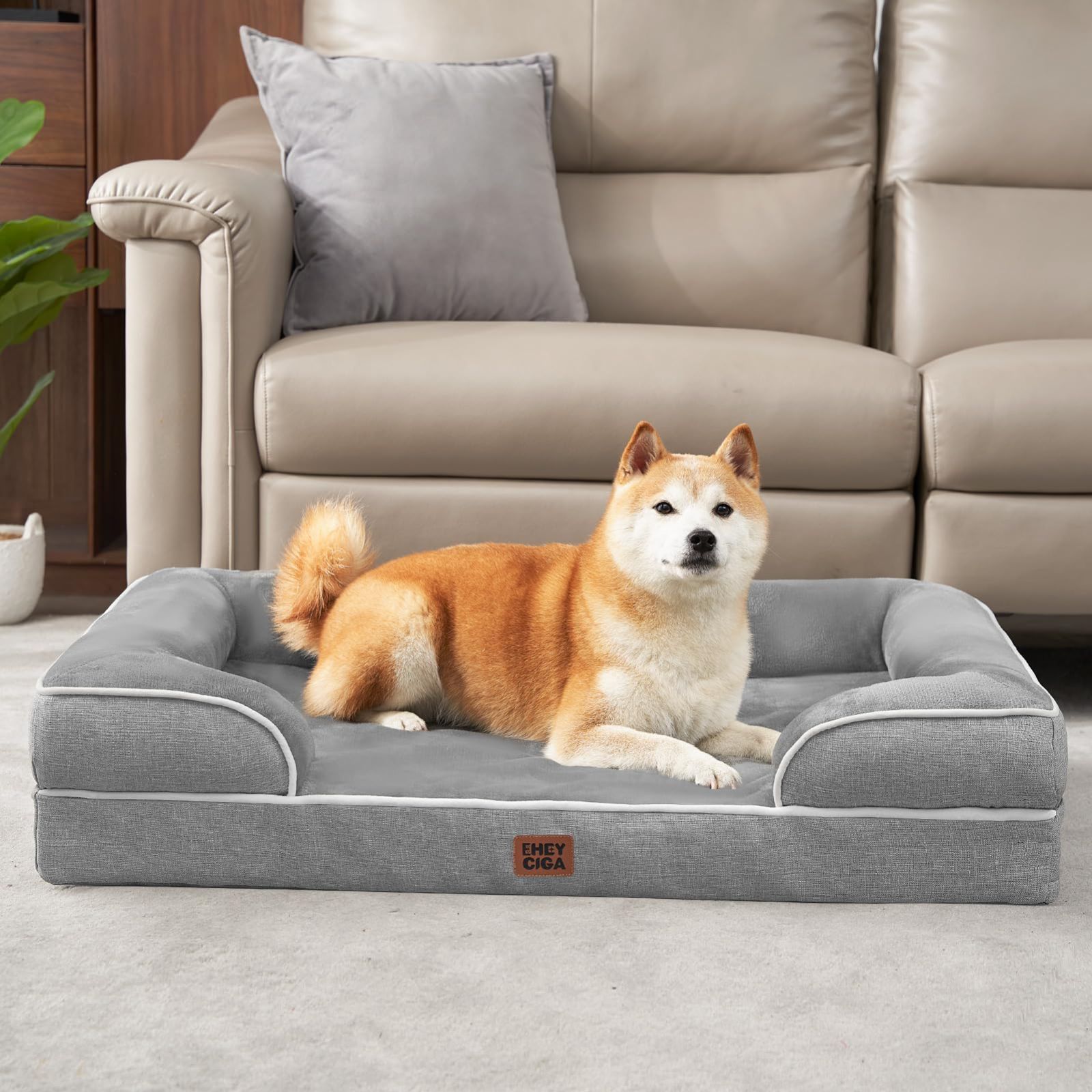 【在庫セール】EHEYCIGA 犬 ベッド 夏 ペットベッド 防水 猫 ベッド 洗える 犬用 クッション 高反発 取り外せるカバー 滑り止め オールシーズン 中型犬 大型犬(91x68x16.5cm，グレー)