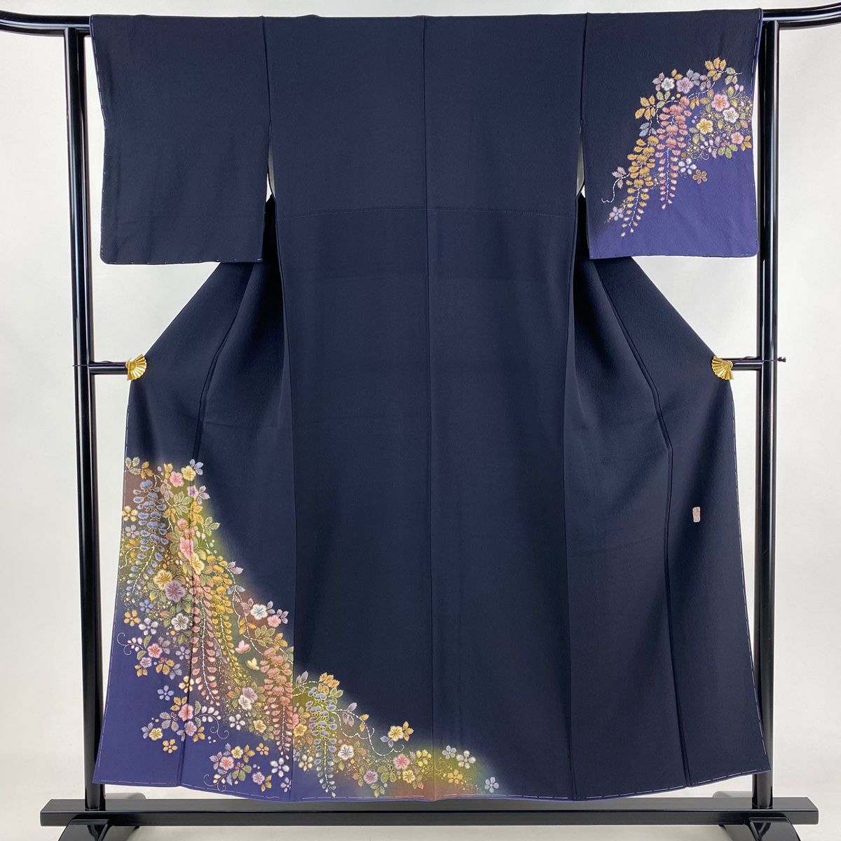 競ナビ】訪問着 美品 秀品 枝花 金彩 紺色 袷 165.5cm 64.5cm M 正絹  