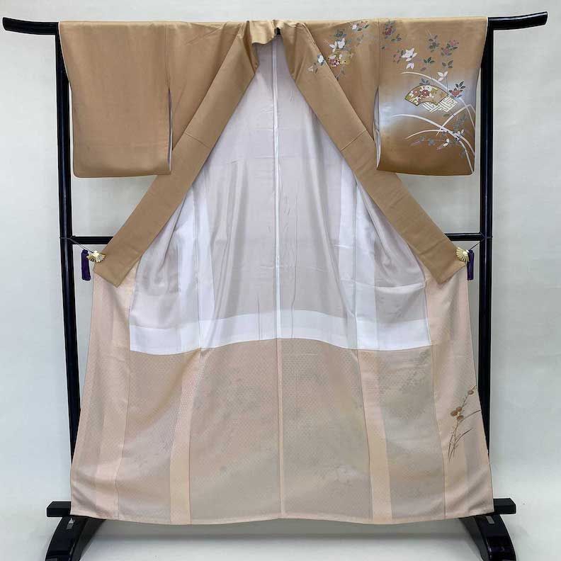 訪問着 中古 古典柄 花柄 扇面 オレンジ グレー 椿 鶴 菊 裄65.5