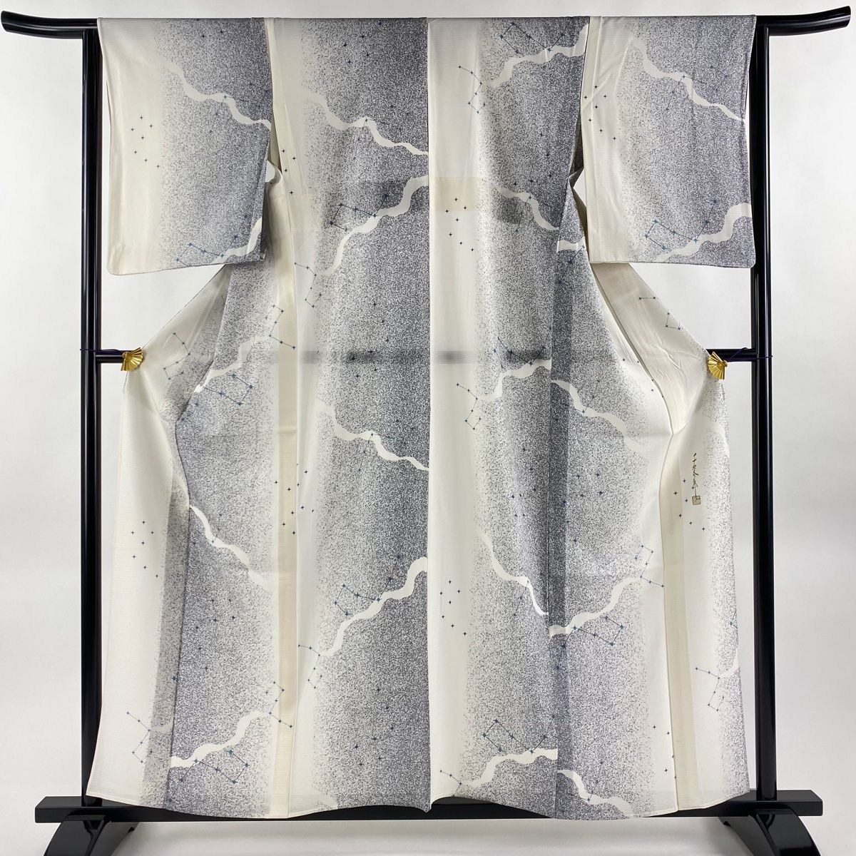 小紋 身丈158.5cm 裄丈64cm M 薄物 千地泰弘 絽 落款 星座 クリーム  