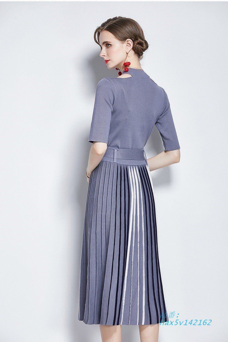2点セット フリーサイズ ニットトップス+バイ プリーツニットスカート 五分袖 膝丈 通勤 2次会202111 結婚式 パーティ おでかけ 202112 hax5v142162