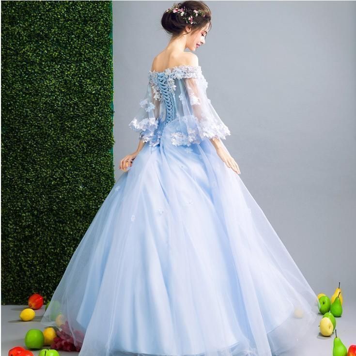 ウエディングドレス 長袖 ドレス 青 コンサート 安い ロングドレス 演奏会 二次会 プリンセスライン ステージ衣装 パーティー ウェデ MAAHADDERANG_COM