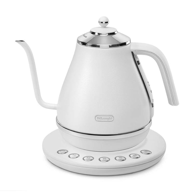 De Longhi デロンギ 電気カフェケトル アイコナ KBOE1230J-W 温度調整機能付き ステンレス ハンドドリップ 1.0L ワンプッシュ5段階温度設定 20分保温機能 正確な注ぎ心地 見やすい水量計 ピースフルホワイト デロンギファミ 1