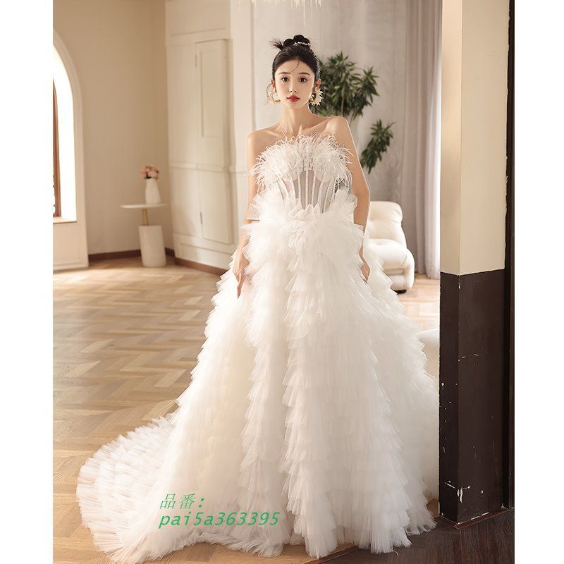 ウェディングドレス ロングドレス プリンセスラインドレス フリル Aラインドレス ベアトップ ウエディングドレス 前撮り ブライダル 二次会 結婚式 花嫁 pai5a363395