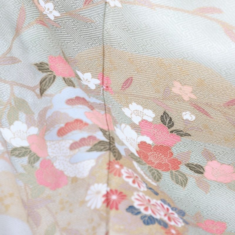 訪問着　新品未使用品　ひわ　珊瑚朱　グリーン　ゴールド　白　花　雪輪　波　京友禅　B836 訪問着 新品未使用品 ひわ 珊瑚朱 グリーン ゴールド 白 花 雪輪 波 京