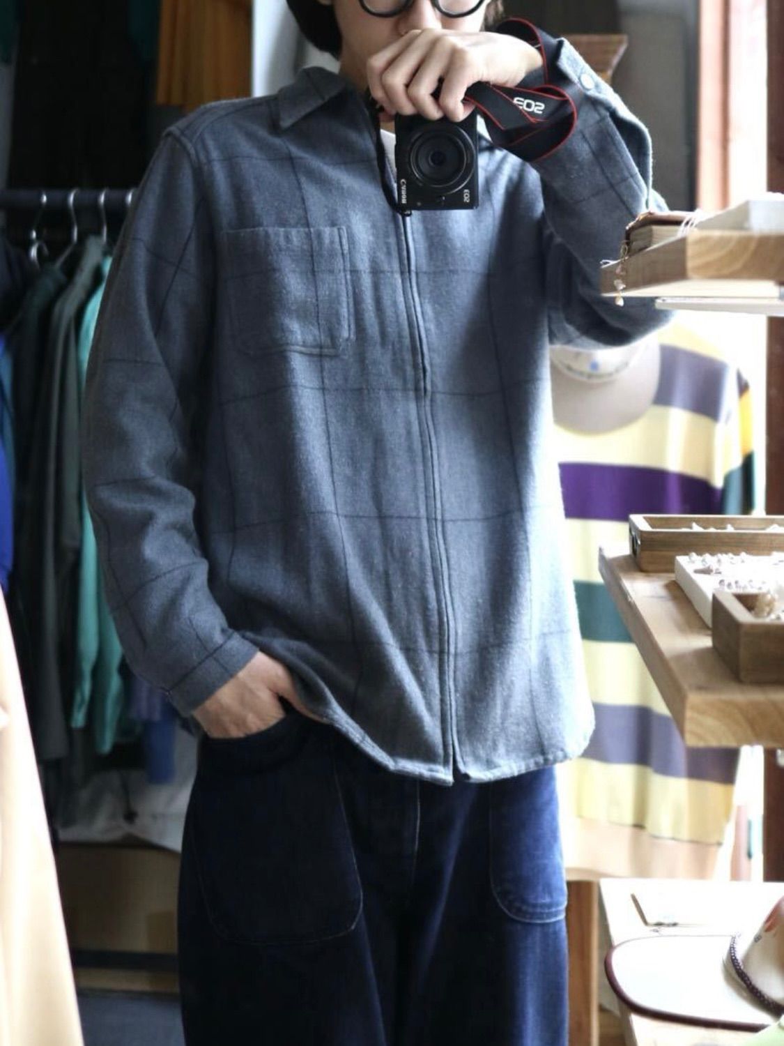 Paul Smith BLACK ジップアップ シャツ M コットン アクリル ウール ブルー グレー チェック T5-10002-9209