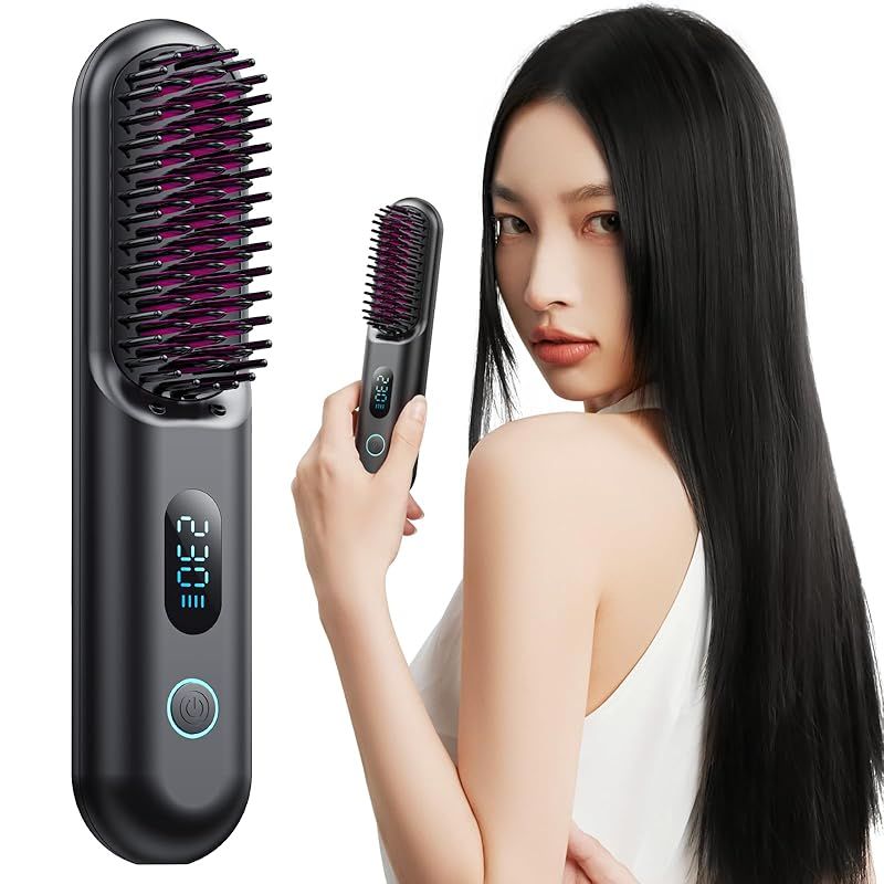 ヒートブラシ コードレス 【9600mAh大容量登場】 ブラシアイロン ストレート マイナスイオン USB充電式 120分連続使用 150～230℃温度調整 静電気防止 デジタル表示 持ち運び 温度記憶 大容量 30分オートオフ 火傷防止 セラミックコーティン