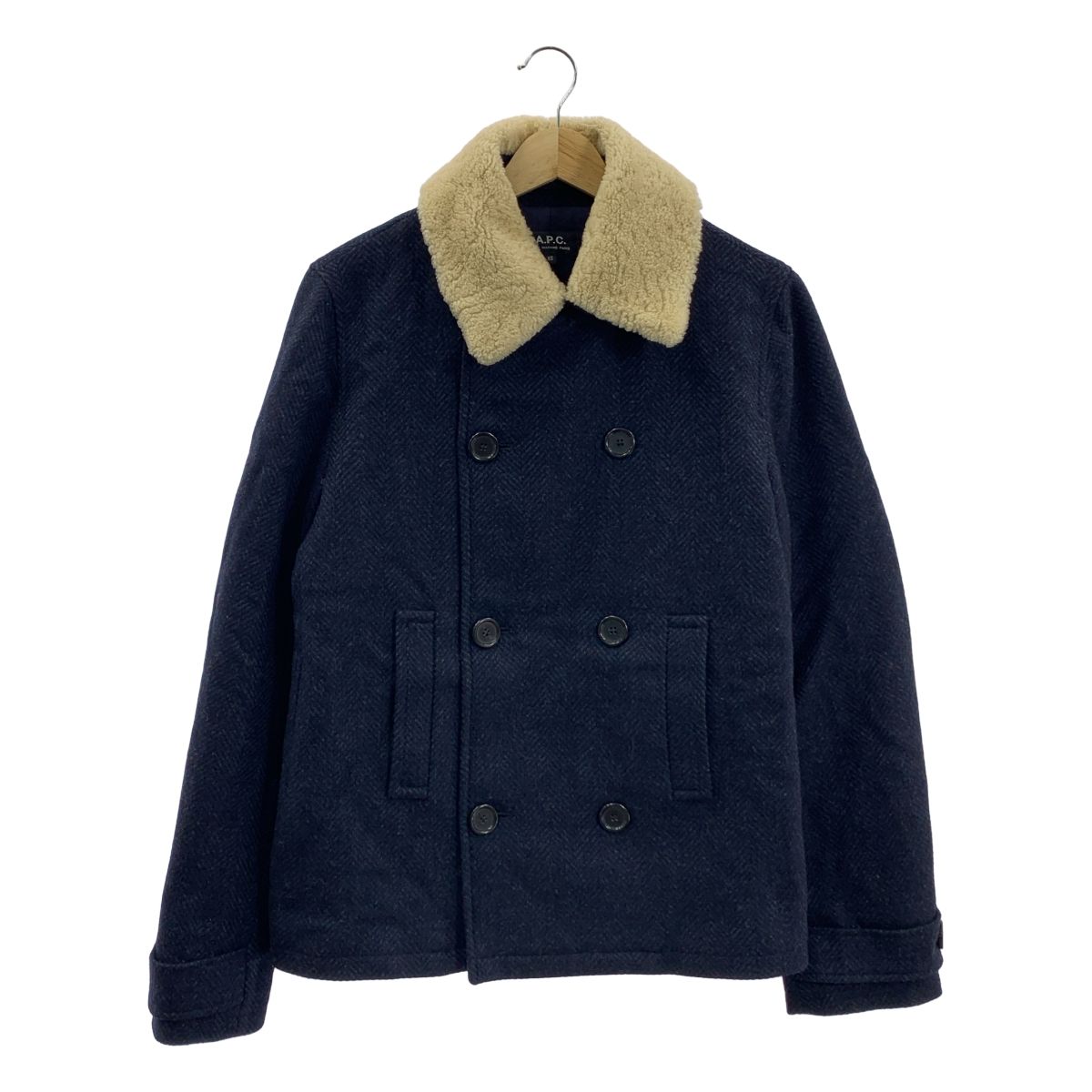 A.P.C. | アーペーセー | 襟ムートン ヘリンボーンツイード Pコート ピーコート | XS | ネイビー | アイボリー | メンズ