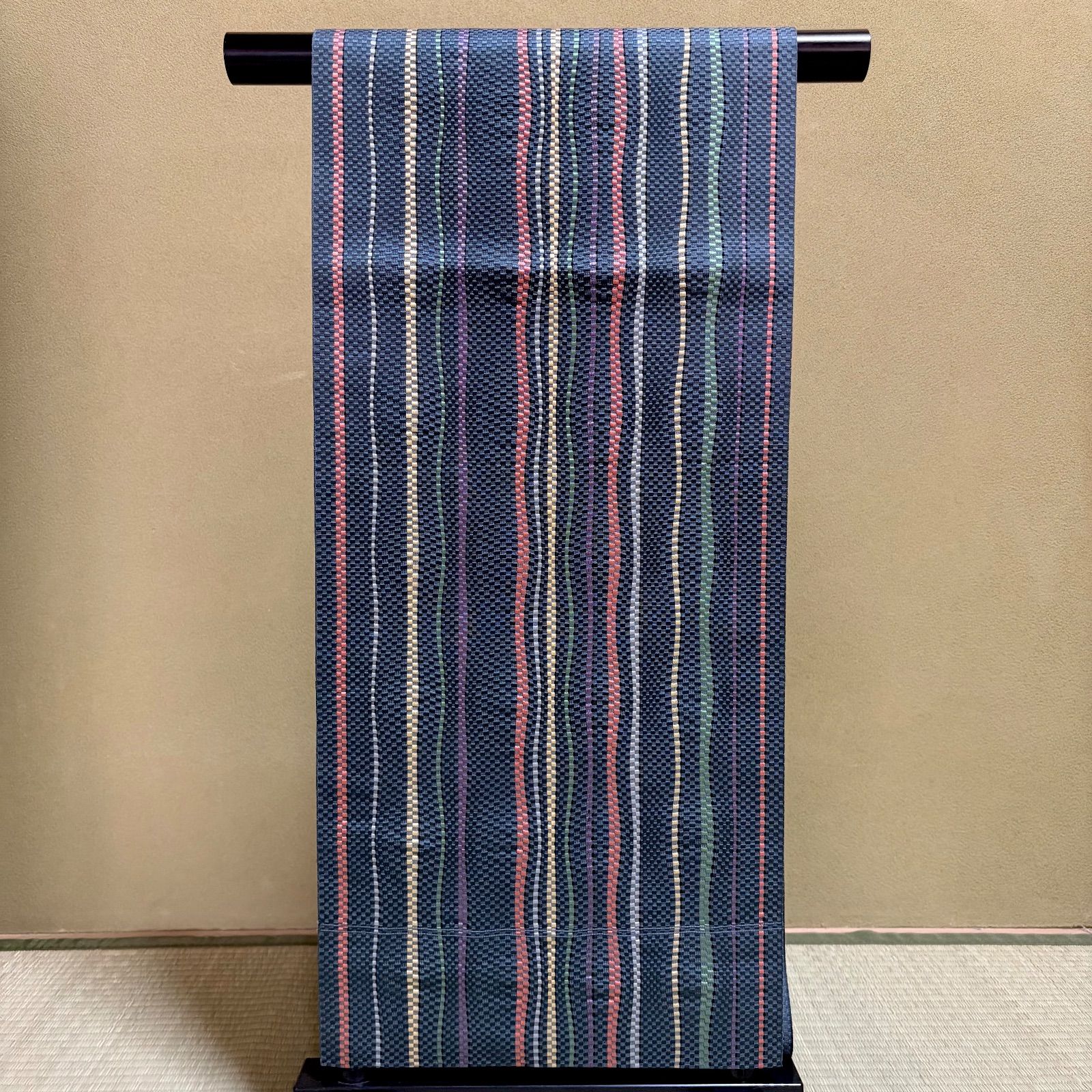 B175 名古屋帯 ブルーグレー よろけ縞