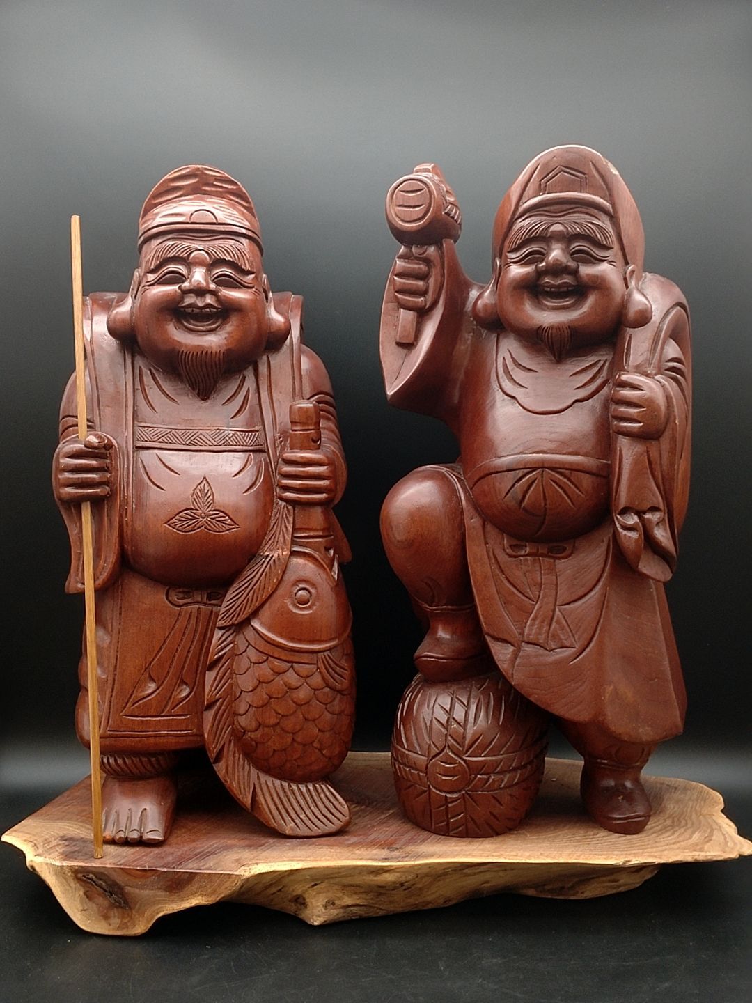 大黒様恵比寿様木彫り特大サイズ天然木台座縁起物時代物商売繁盛