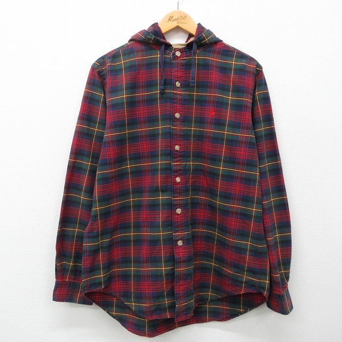 L/古着 ラルフローレン 半袖 ブラント シャツ パーカー メンズ 90s ワンポイントロゴ コットン 緑他 グリーン タータン チェック 24apr23 