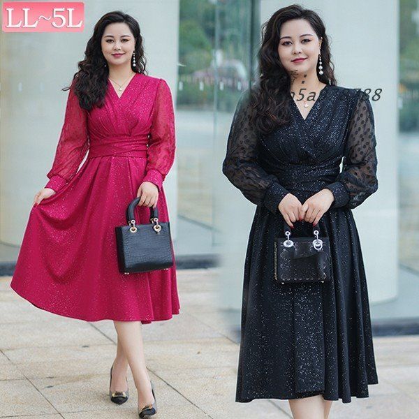 ワンピース ぽっちゃり ドレス ミモレ丈 袖あり 長袖 きれいめ パーティードレス 大きいサイズ レディース Aライン ワンピ 秋 春 Vネック yan5a978788