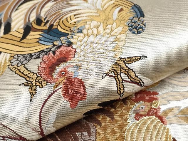 平和屋本店□極上 西陣 河瀬満織物謹製 六通柄袋帯 鶏群 引箔 逸品