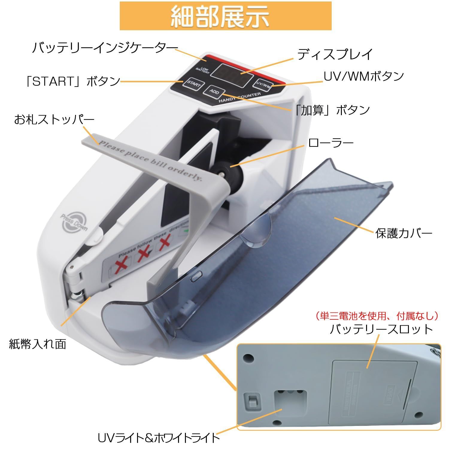 偽札検知機能付き 紙幣計数機 お札カウンター ハンディ