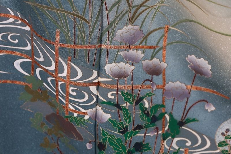 訪問着 ブルーグレー ゴールド 紫 グリーン 白 茶 貝合わせ 花 波 T514  
