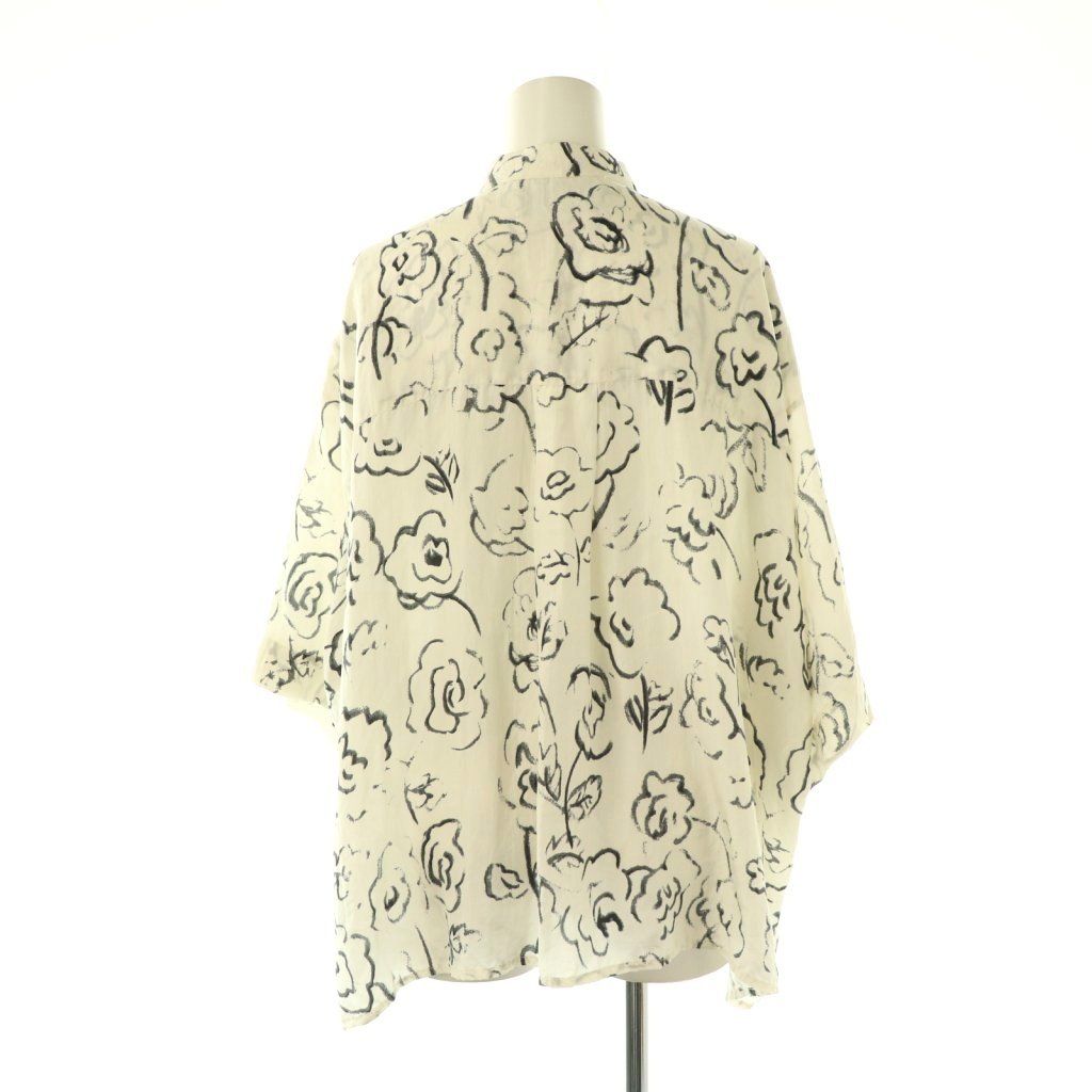 ミー mii 25 SS PRINTED HALF SLEEVE SHIRT シャツ 五分袖 シルク M ホワイト チャコールグレー ES OS