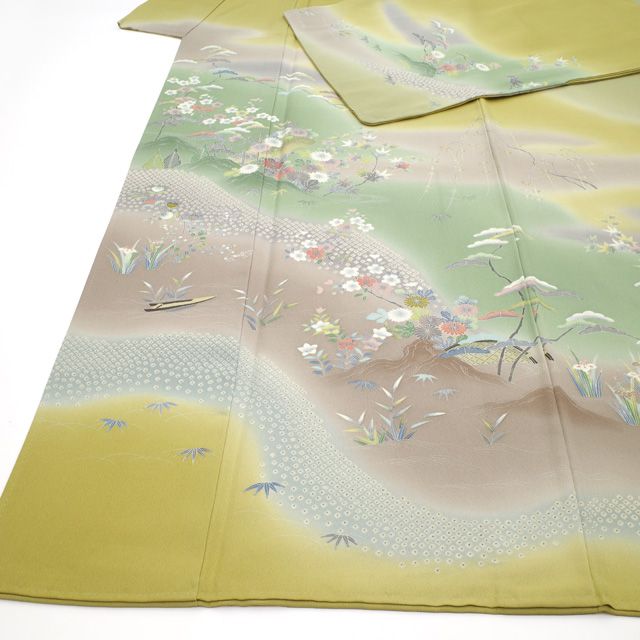 中古】 訪問着 正絹 着物 リサイクル 袷 手描き友禅 鶯色 ぼかし 風景