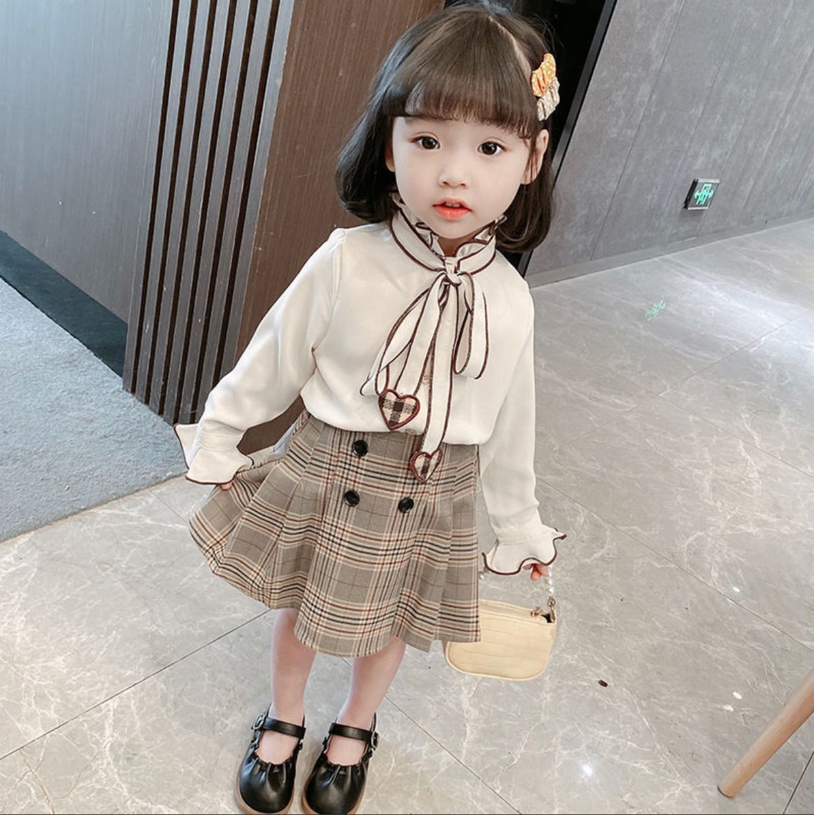 ハートリボンブラウス チェックスカート 2点セット 女の子 入園式 入学 