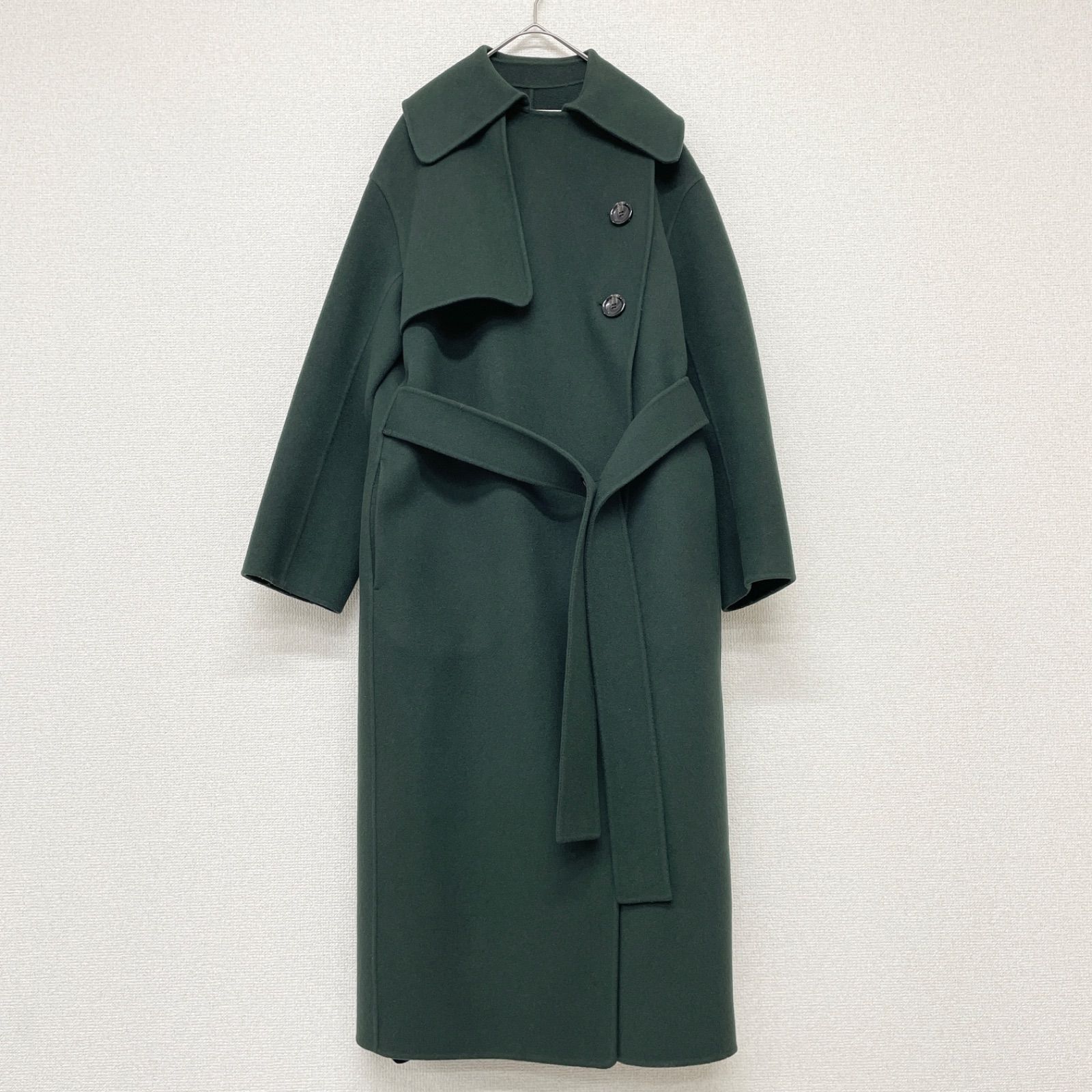 LE CIEL BLEU ルシェルブルー ロングコート ダブルフェイス トレンチ ベルト ウール グリーン レディース 36