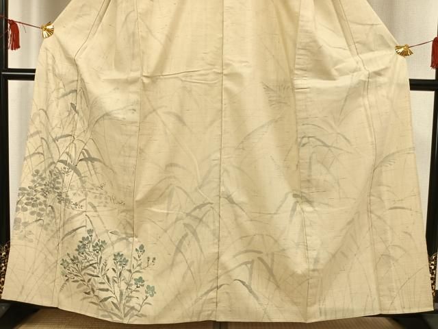 平和屋着物▽訪問着　単衣　生紬　手描き　草花文　正絹　逸品　AAAW1441fy 平和屋着物▽訪問着 単衣 生紬 手描き 草花文 正絹 逸品 AAAW1441fy