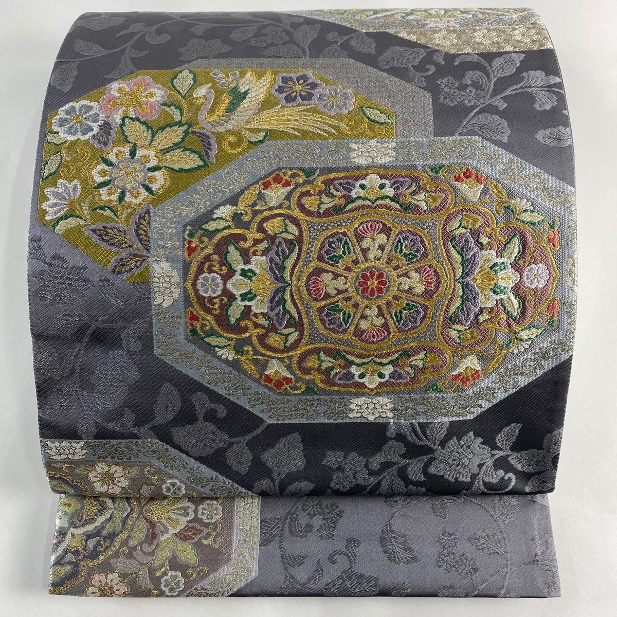 袋帯 美品 秀品 華文 花鳥 金糸 箔 灰色 六通 正絹 【中古
