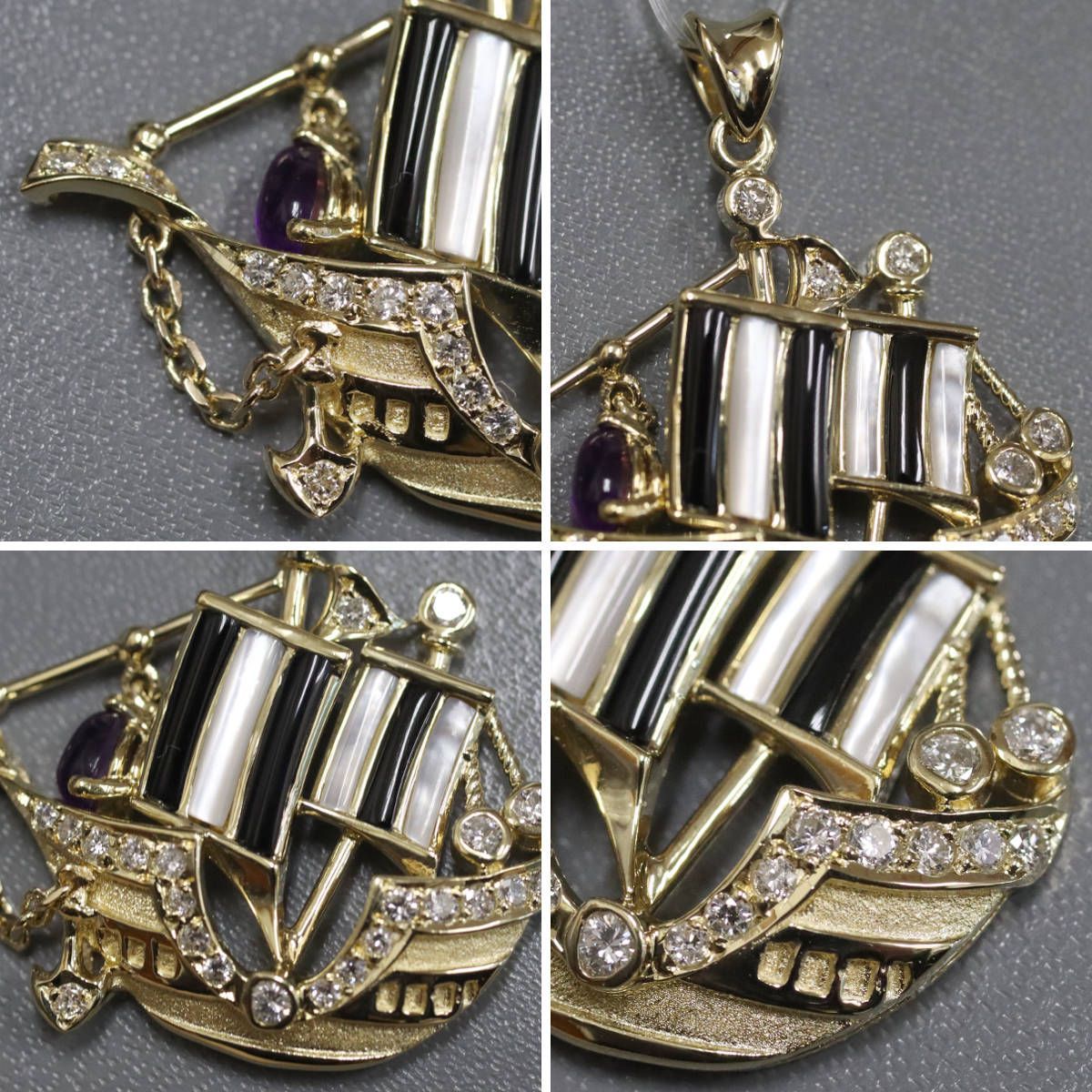K18ダイヤモンドアメジストペンダントトップ D0.43 6.1g 帆船モチーフ  