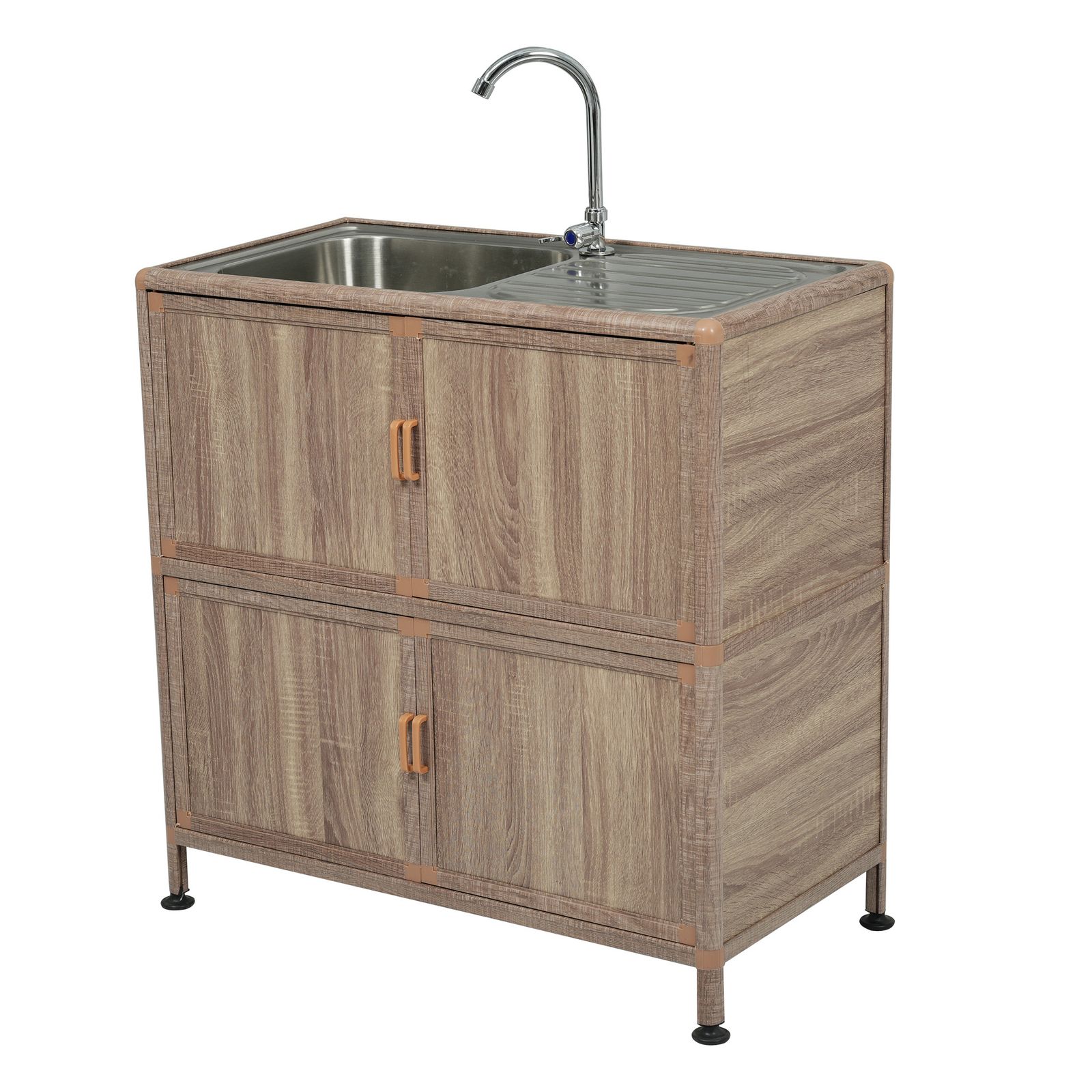 囲い付きで便利 屋外 流し台 ステンレス W83×D43.5×H109.5cm ガーデンシンク 作業台 キッチン 台所 屋外 簡易 シンク 組み立て簡単 収納棚付 庭 高さ調節 調理台 ガーデニング 庭 DIY 頑丈 木目調