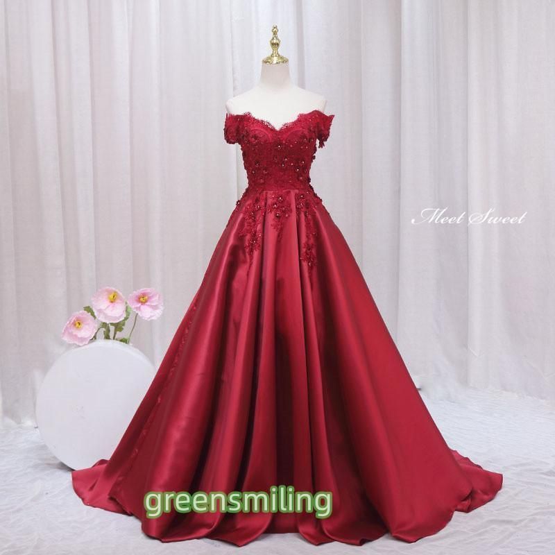 ☢ ドレス プリンセスライン ワインレッド オフショルダー 赤 ロングドレス ウェディングドレス 結婚式 二次会 花嫁 前撮り 演奏会 発表