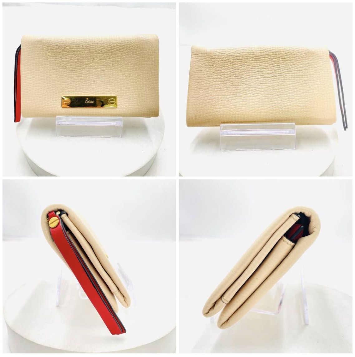 おしゃれ Chloé クロエ レザー 二つ折り財布 ベージュ×レッド 金具ロゴ付き 箱 ギャランティ付き