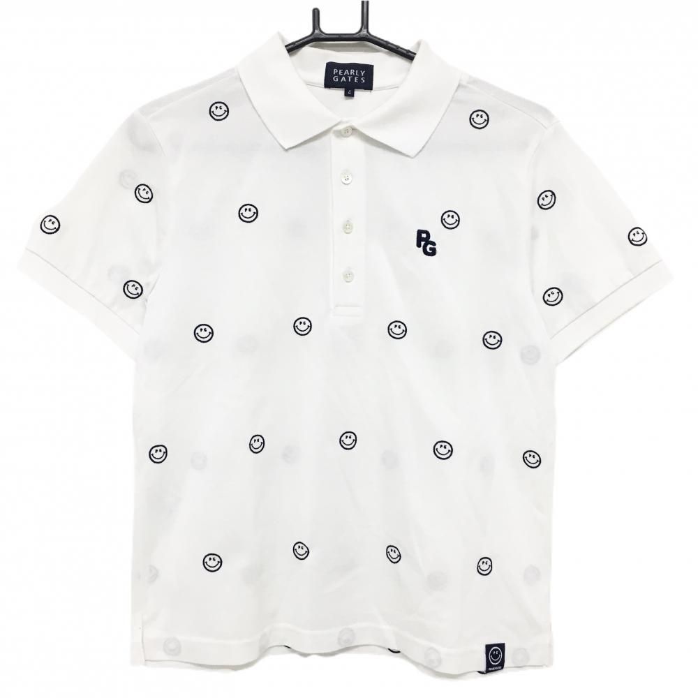 超 パーリーゲイツ 半袖ポロシャツ 白×ネイビー ニコちゃん総柄 スマイル メンズ 4 M ゴルフウェア PEARLY GATES