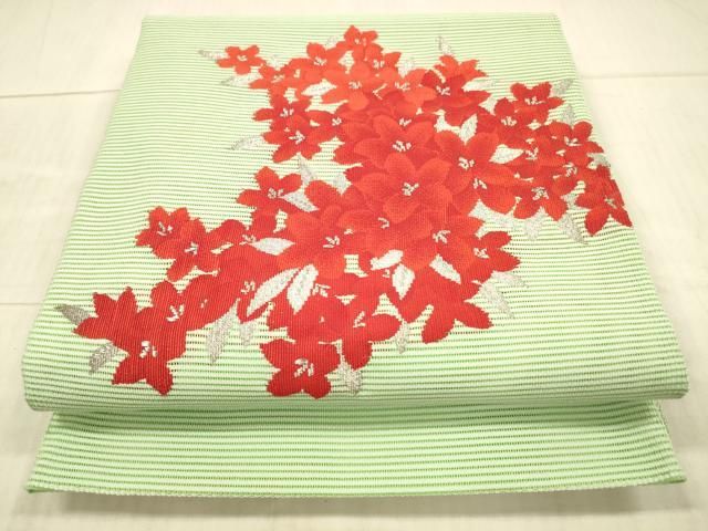 平和屋着物＊夏物　絽綴れ　八寸名古屋帯　草花文　銀糸　DAAX5917cm 平和屋着物＊夏物 絽綴れ 八寸名古屋帯 草花文 銀糸 DAAX5917cm