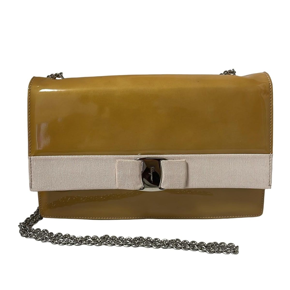 FERRAGAMO|SalvatoreFerragamo サルバトーレフェラガモ ショルダーバッグ ヴァラ ダークイエロー×ピンク チェーンショルダー レザー