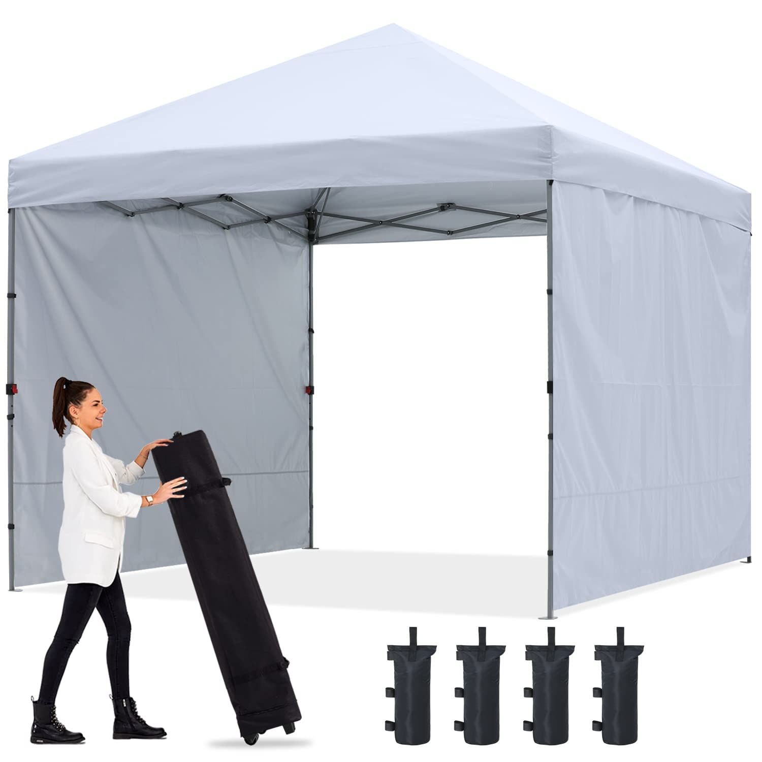 ABCCANOPY ワンタッチテント タープ テント 3mx3m 2.5mx2.5m 簡易テント 大型 サイドシート2枚 センターロック 三段階調節 耐水 UVカット 日除け 遮熱 紫外線カット 耐風性 組立簡単 キャスターバッグ付き 2.5M|ホワイト
