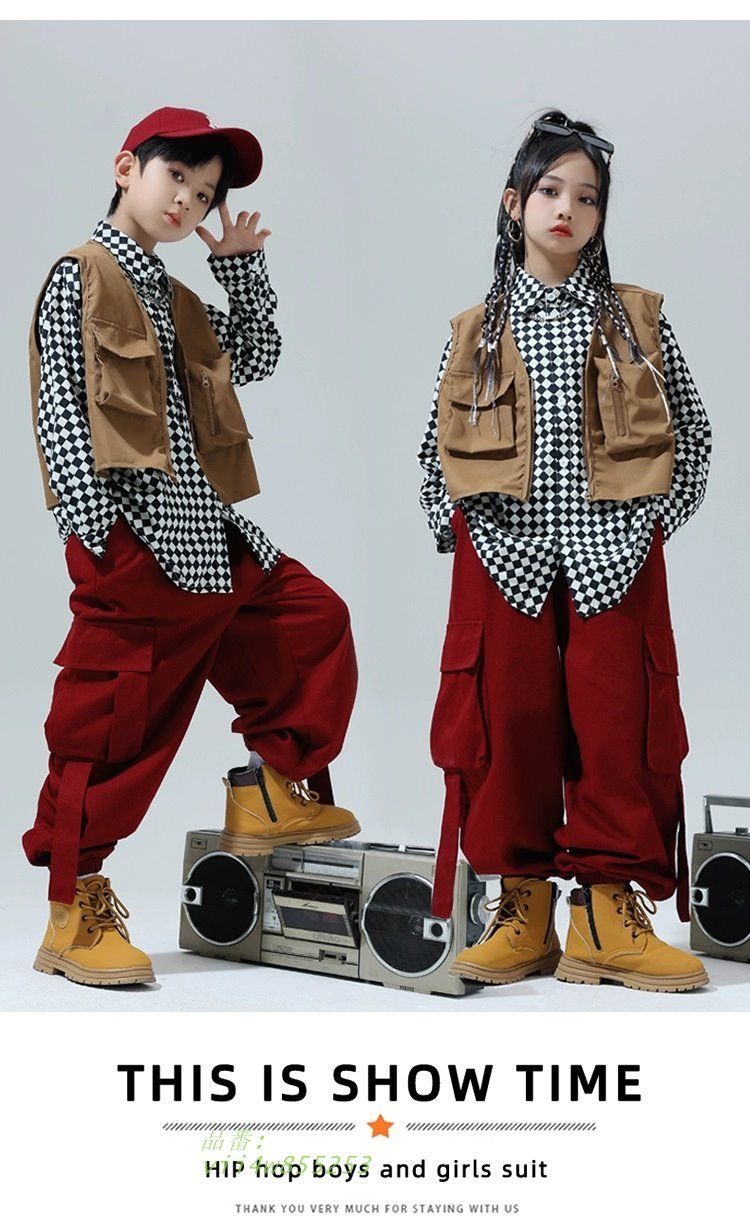 キッズダンス衣装セットアップ ヒップホップ衣装 チェック柄 ジャケット パンツ ブラウン 韓国 K-POP vii4w855253
