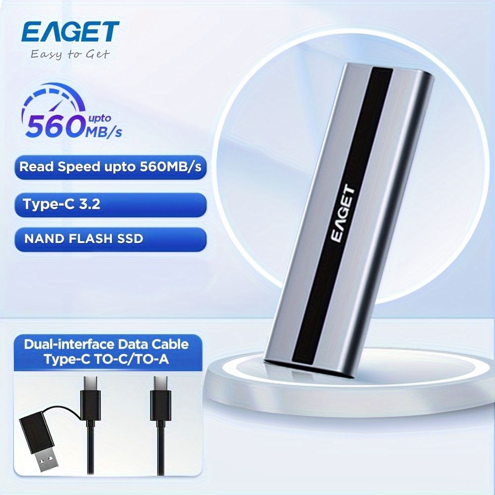 EAGET 高速ポータブル外付けSSDハードドライブ - 超高速データ転送 Type-C USB 3.2 ソリッドステートディスク M.2 SATA 耐衝撃 コンパクトで軽量なデザイン ラップトップおよびMac用