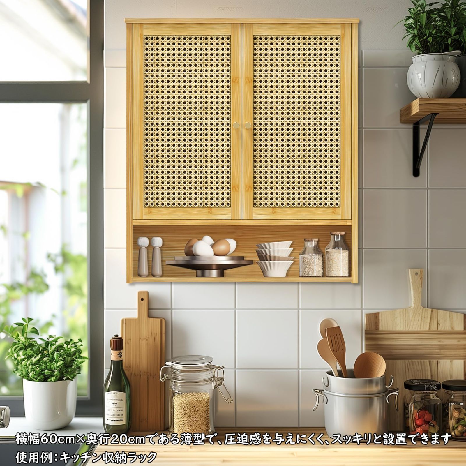 品質100％保証! 人気商品 編目 壁掛けキャビネット 扉付き 奥行き20cm 観音開き 木製 トイレ ウォールシェルフ キッチン ラタン調 後付け 壁面収納 薄型 幅60cm 吊り戸棚 北欧 リビング 玄関 UNHO 洗面所 ネジ止め 地震対策