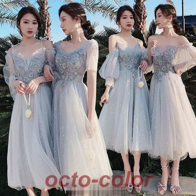 ブライズメイド ドレス グレー ミモレ丈 結婚式ドレス ワンピース フォーマル パーティードレス オフショルダー 演奏会ドレス 発表会 コンWP 入荷