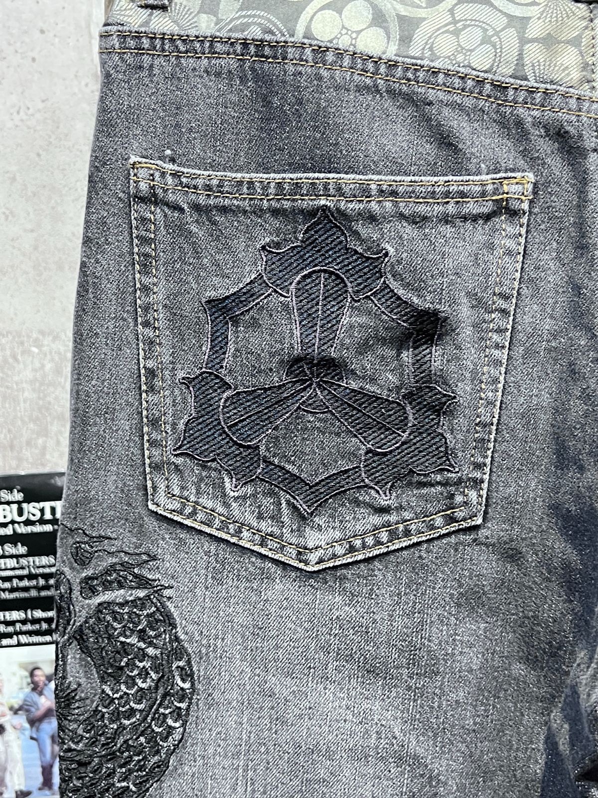 雅結 龍 刺繍 USED加工 ブラック ジーンズ M ドラゴン デニムパンツ 和
