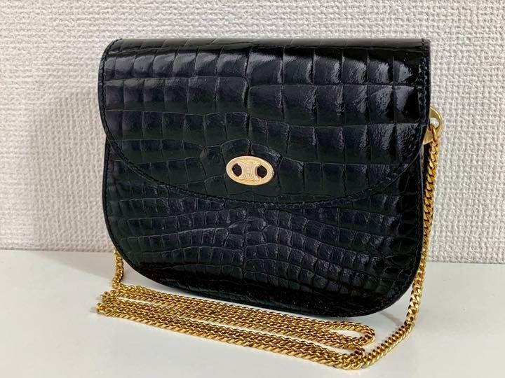 CELINE セリーヌ リアルクロコ ブラゾン金具 チェーン ショルダー