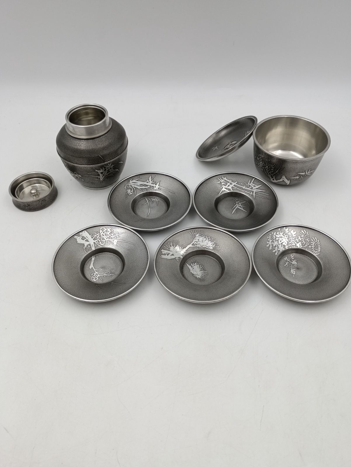 K-1296 錫製 茶筒 茶托5枚 間村自造 金属工芸 骨董 アンティーク