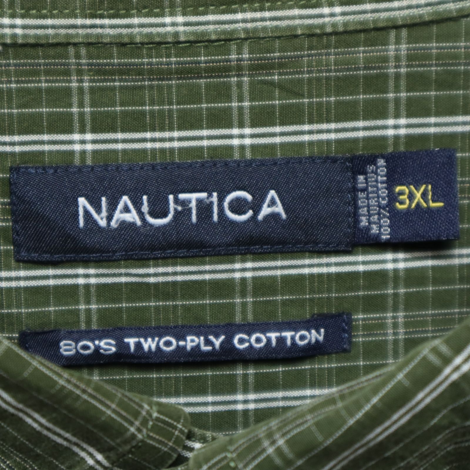 NAUTICA ノーティカ 3XLサイズ 【S品】 00s アメリカ古着  長袖 シャツ BDシャツ ボタンダウンブロードシャツ 刺繍ワンポイントロゴ チェック カーキ 緑 グリーン C7a735