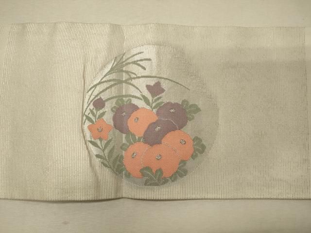 平和屋着物＊夏物 九寸名古屋帯 草花丸文 銀糸 正絹 逸品 CAAW8857oy