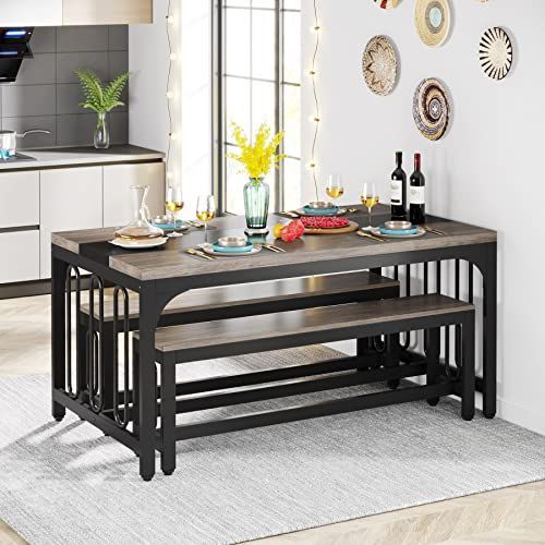 スピード発送 四人用 ベンチ付き テーブル おしゃれ 食卓 幅140 3点セット 北欧 4人用 リビングテーブル ダイニングテーブルセット セット Tribesigns