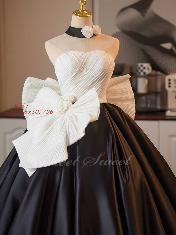 カラードレス ブラック ホワイト ベアトップ リボン 演奏会 二次会 プリンセスドレス Aライン 発表会 ロングドレス ウェディングドレス ウエディング 花嫁 vii5x507796